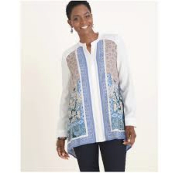 Chico's Bu Tunic Blouse SharkBite Size 1/M Kimono Collar Handkerchief new - Picture 1 of 6